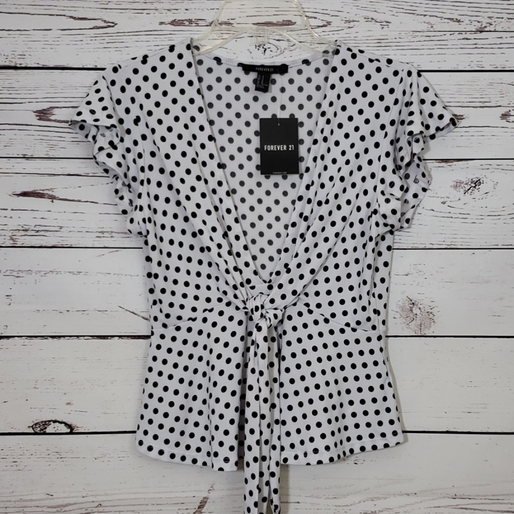 Forever 21 Deep V Polka Dot Peplum Tie Front Top M